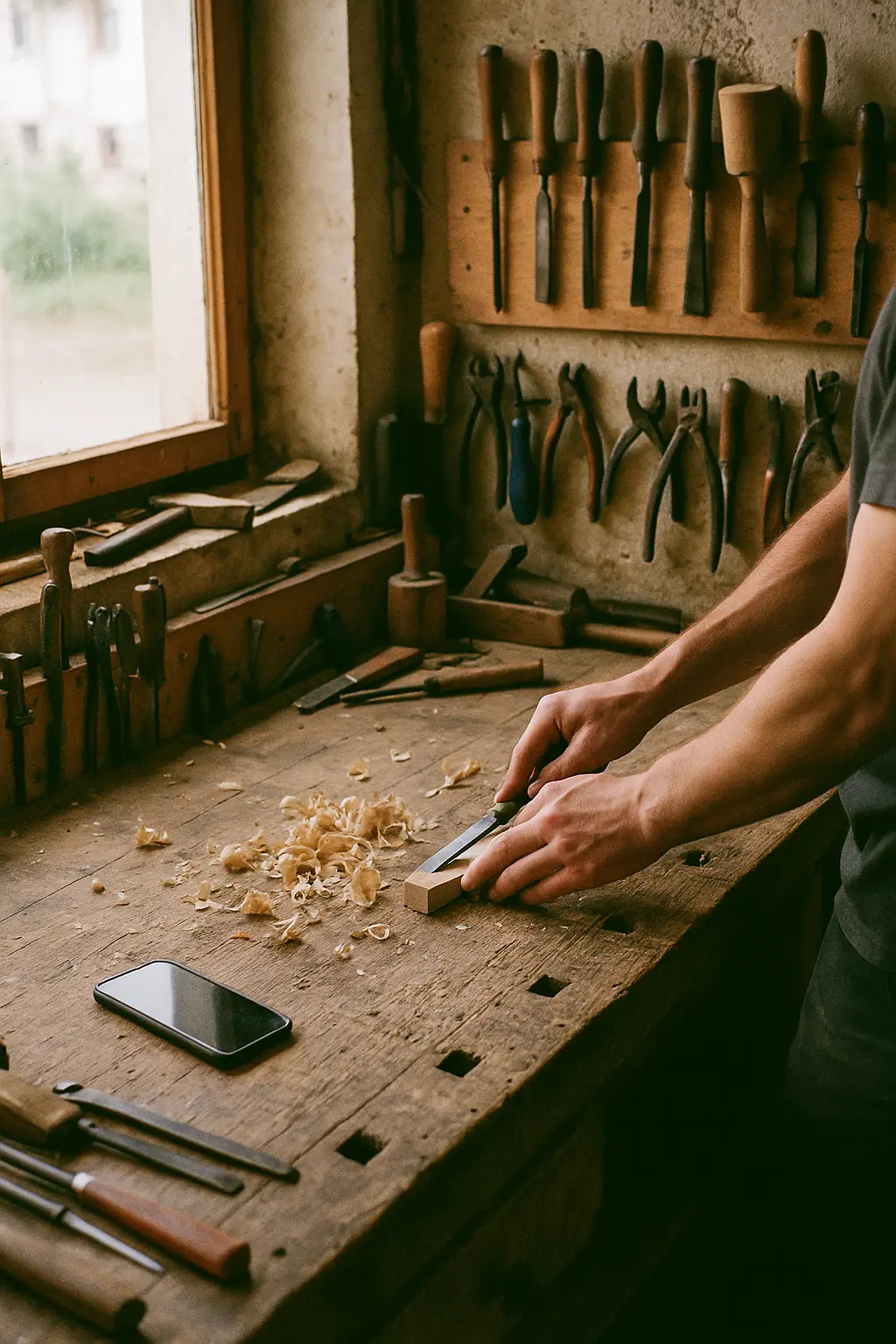 Craftsman's workbench with tools and wood shavings, forearms of a person at work