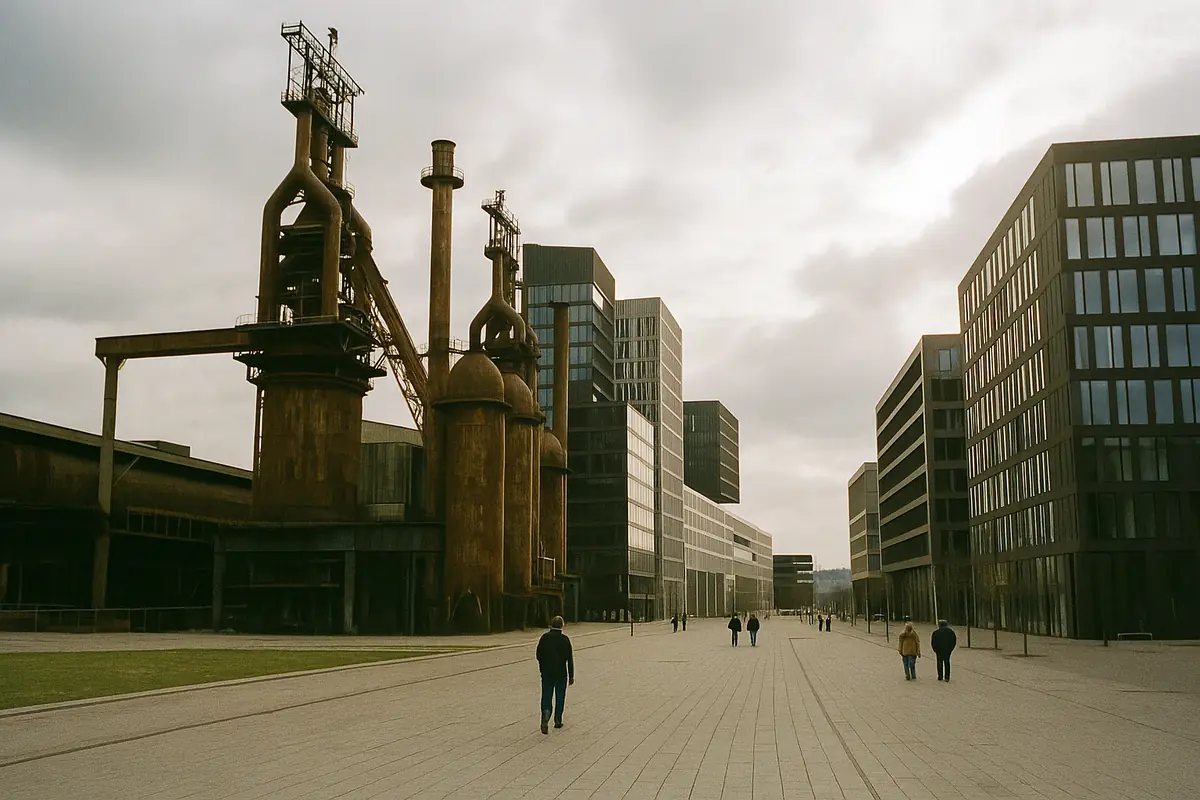 Old rusted blast furnaces next to modern university buildings, cloudy sky