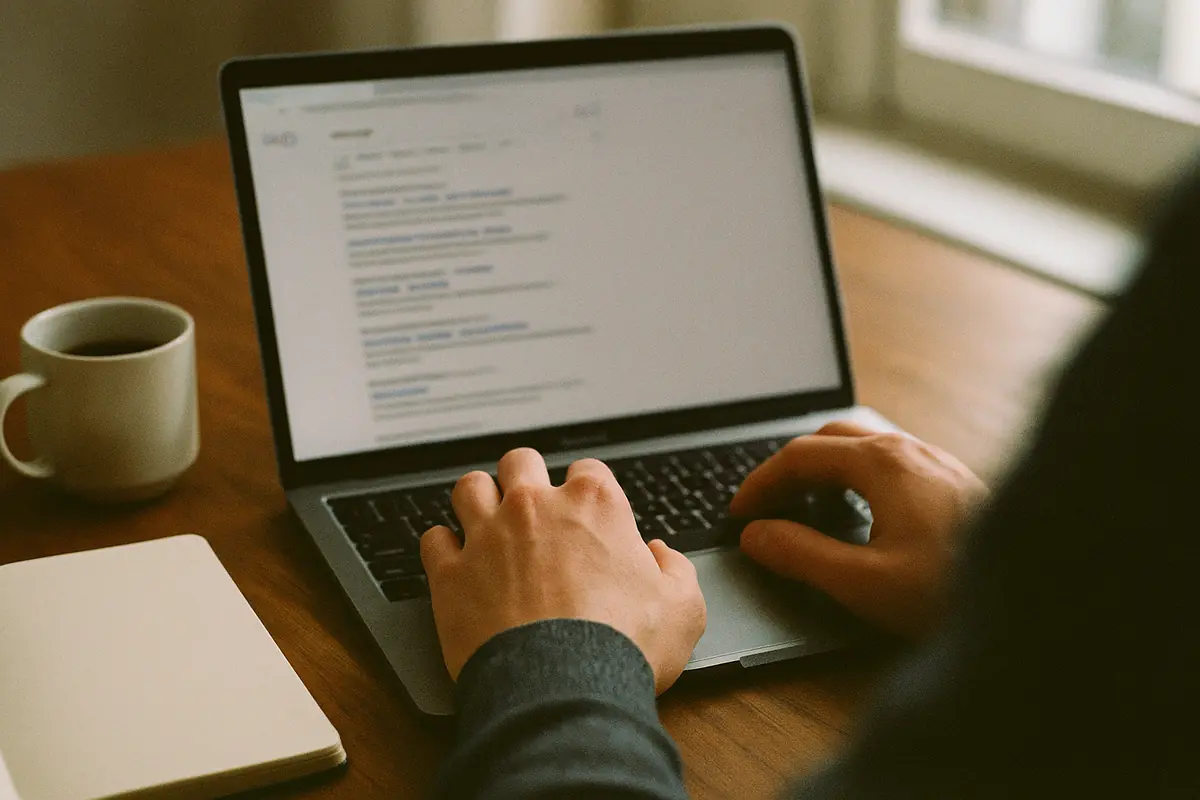 Hands on a laptop keyboard showing a blurred list of results, with a cup of coffee beside it
