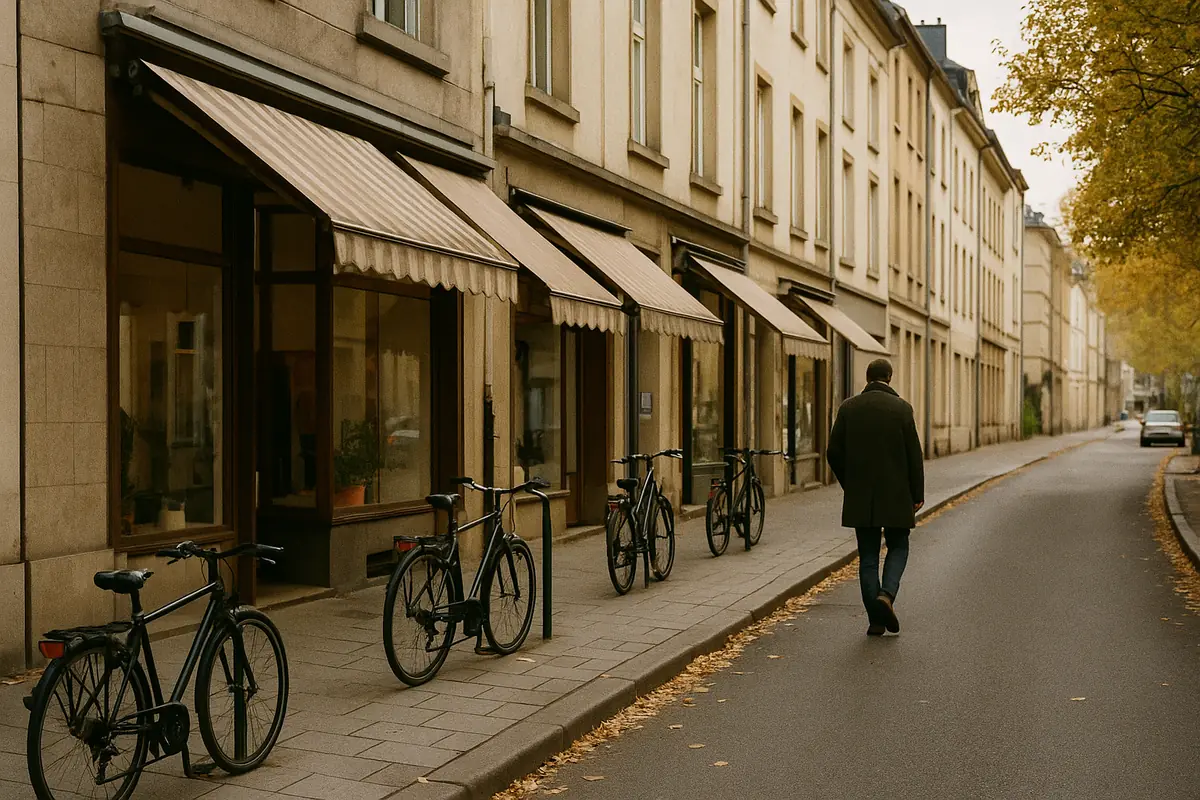 Shopping street with awnings and parked bicycles, a passer-by seen from behind
