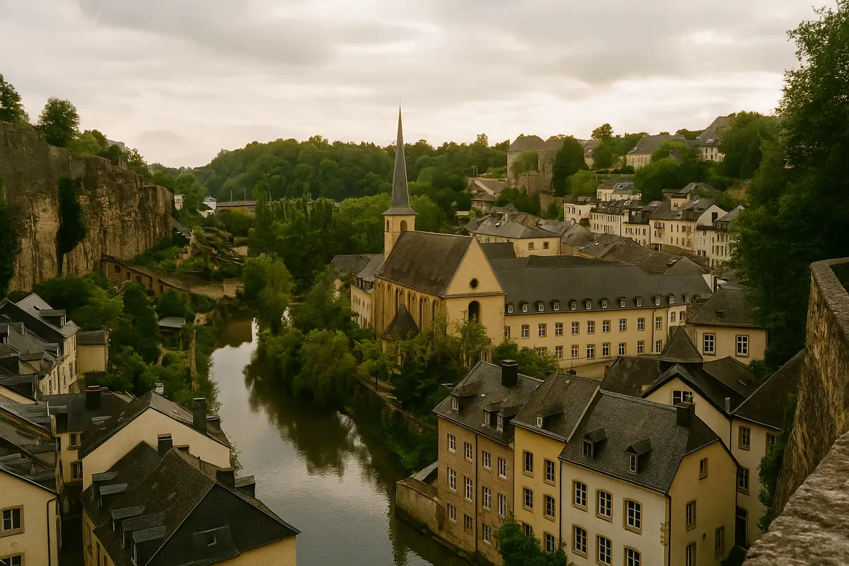 Old quarter below ramparts, stone houses along a river