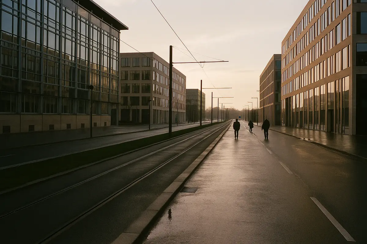 Street in an office district in the early morning, wet road and tram line