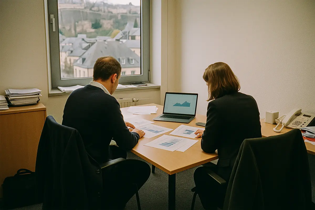 Two people seen from behind at a meeting table with printed charts and a laptop
